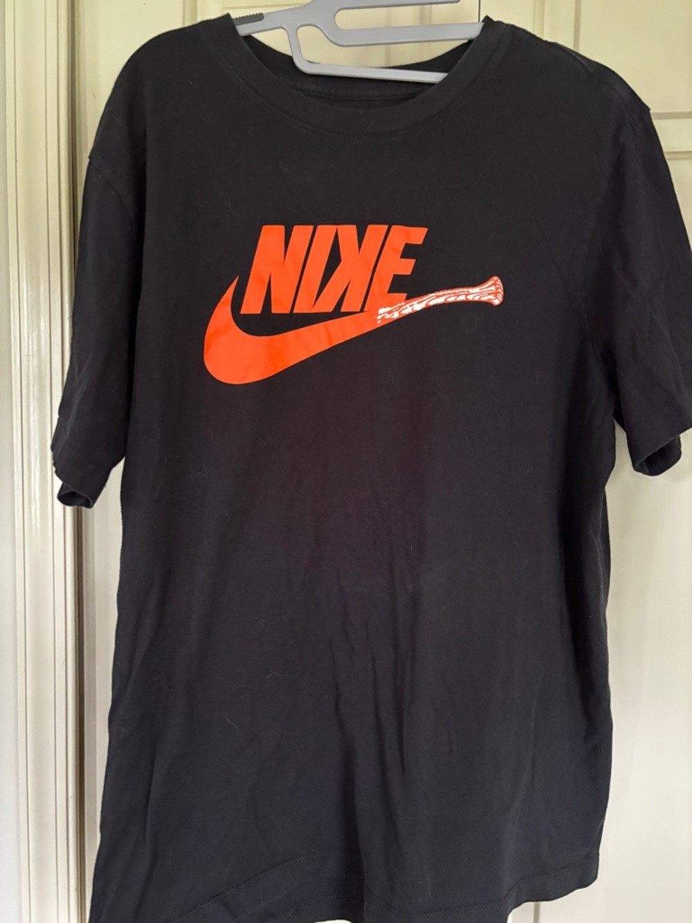 Nike Men’s Black T-Shirt Orange Logo Bat Strikeout Graphic